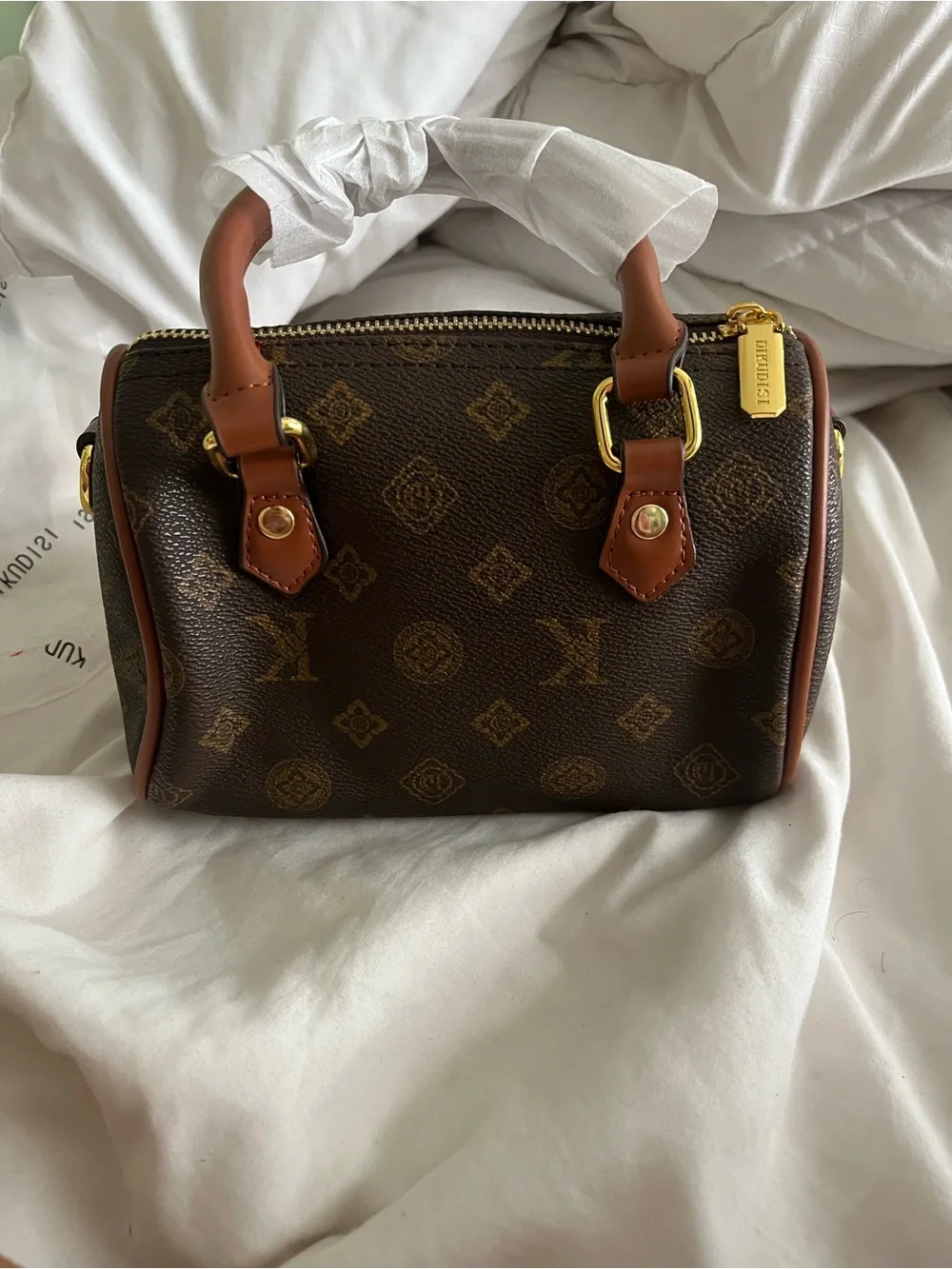 Designer-Inspired Brown Monogram Satchel with Tan Trim